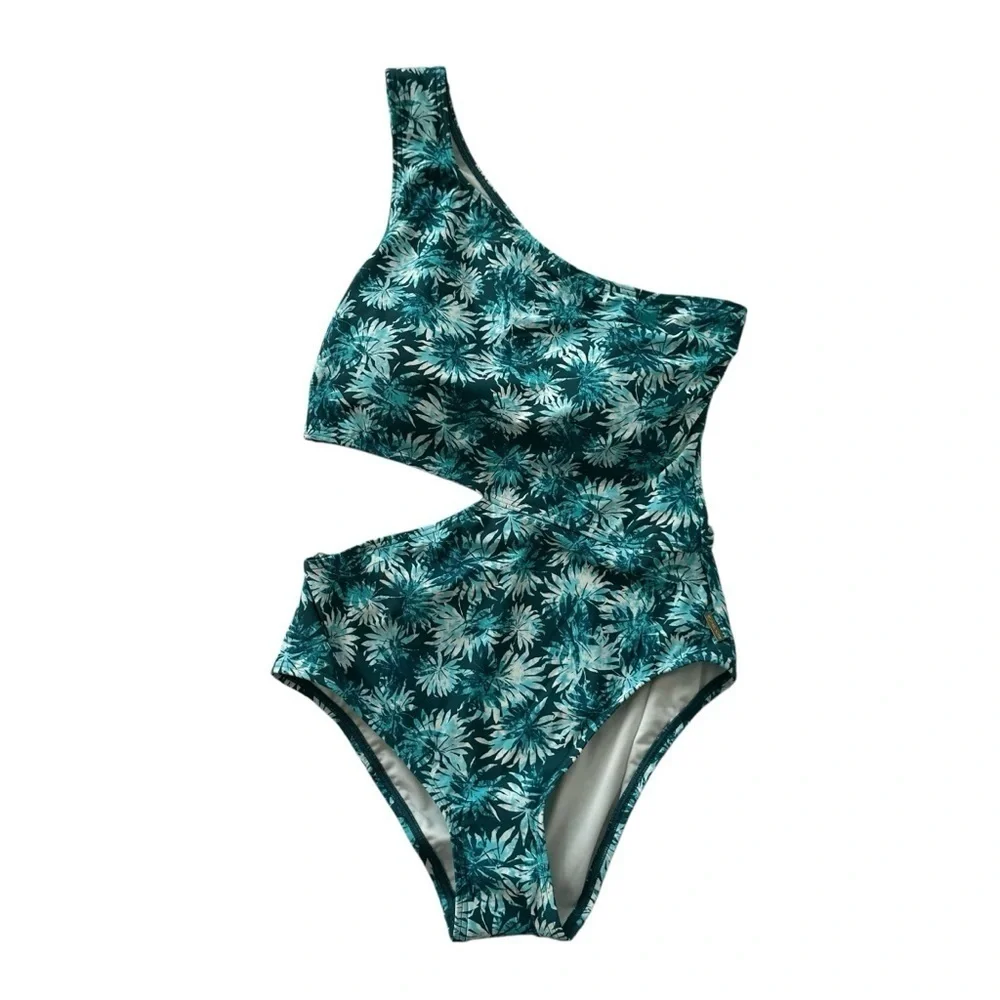 Michael Kors One-Shoulder Aqua Green Leaf Print Swimsuit, size 8